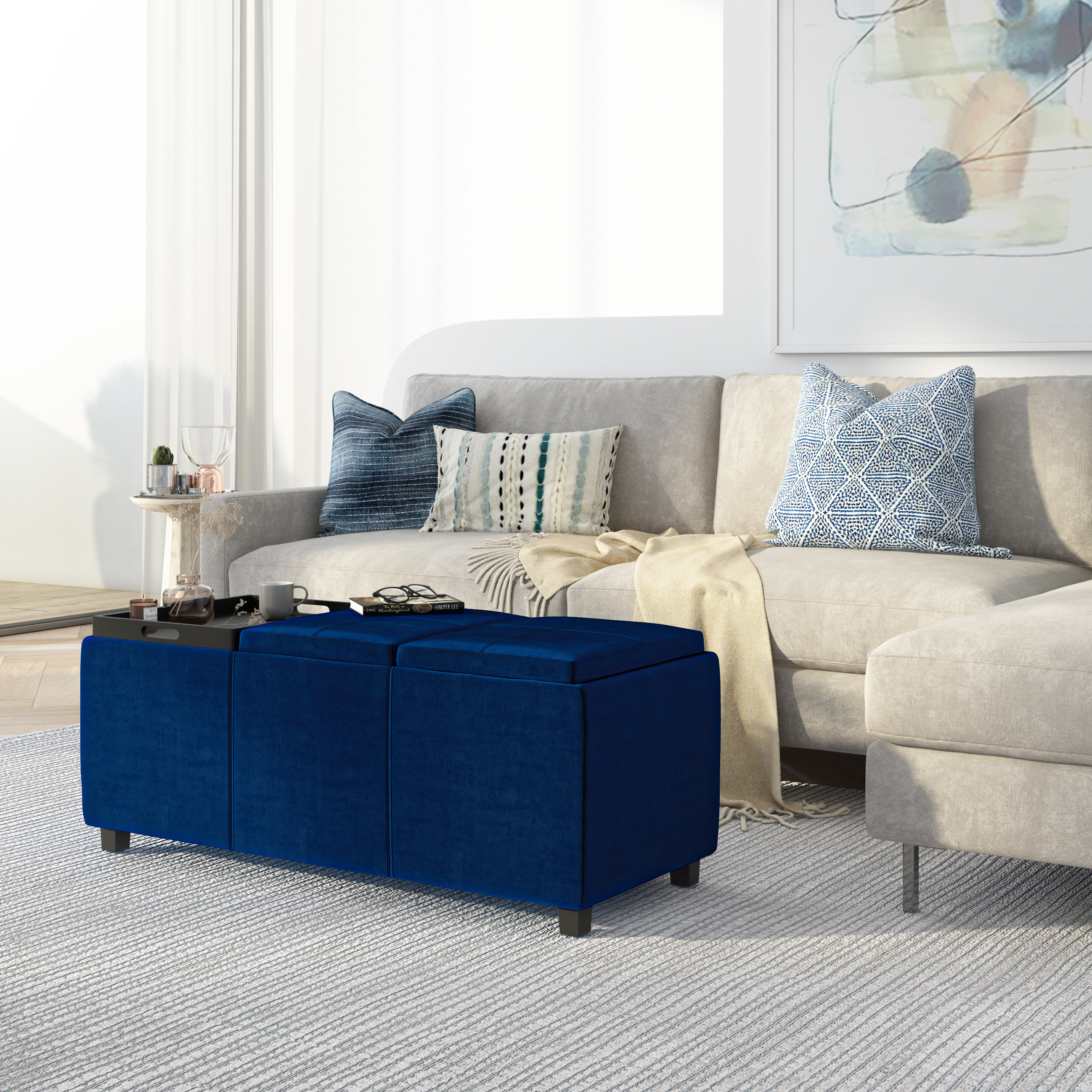 Simpli Home Owen Square Coffee Table Storage Ottoman in Blue Velvet Fabric