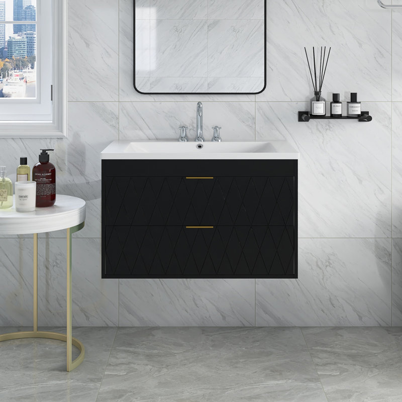 Meuble-lavabo mural avec lavabo en résine et 2 tiroirs, Noir, noir, noir, noir