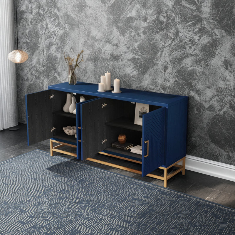 Trexm Navy Blue Sideboard (buffet) With Storage Space And Adjustable Shelves, With Rectangular Metal Handles And Metal Legs, Suitable For Kitchens, Living Rooms And Dining Rooms