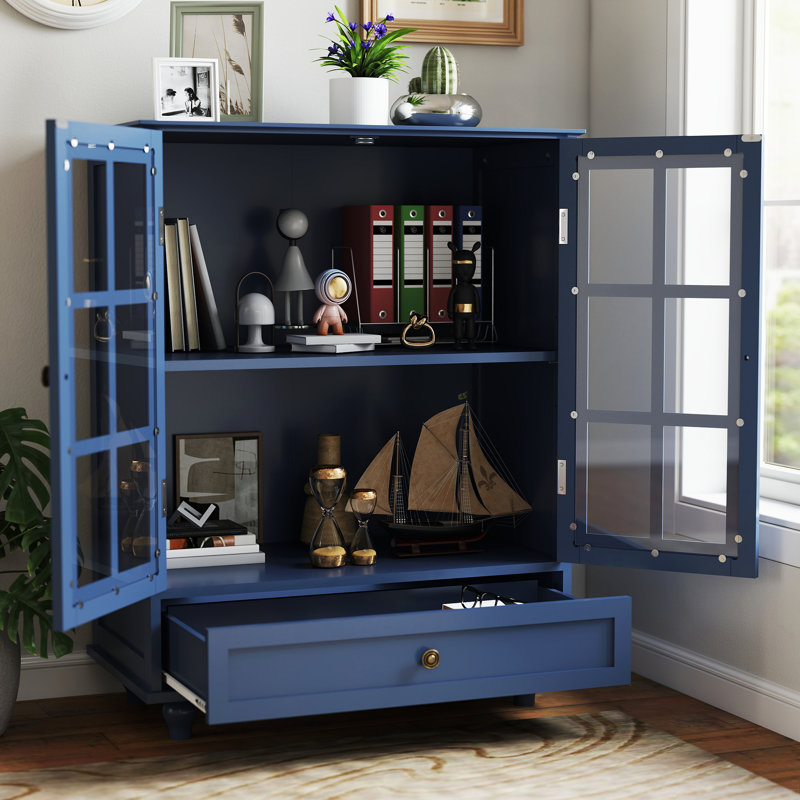 Mekyle 38''H Buffet Cabinet With 2 Glass Doors And Drawer, Blue