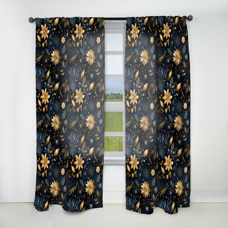 Rideau obscurcissant en marbre bleu minuit et doré à motif floral minuit - 1 panneau, L 52 po x L 63 po