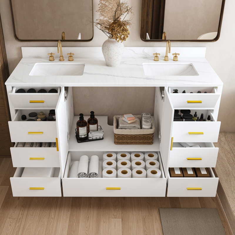 Meuble-lavabo en bois massif 60 po avec comptoir en quartz, Blanc