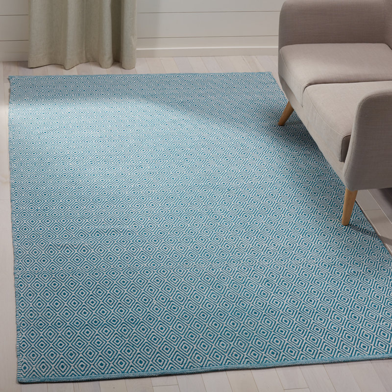 Tapis ivoire / turquoise en coton tissé à plat à la main Dryden, Rectangle 9 pi x 12 pi