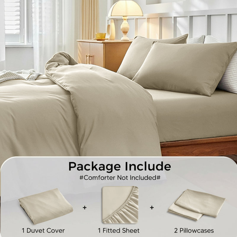 Microfiber 250 TC Reversible 4 piece Plain Duvet Cover Set with Pillowcases, Beige, King Duvet Cover + 4 Additional Pieces