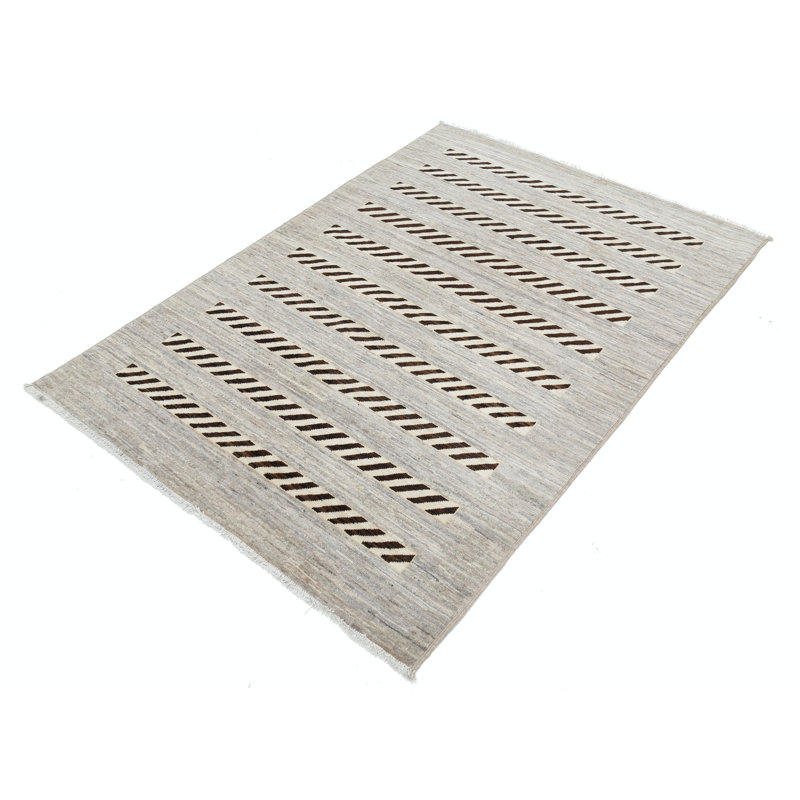 Tapis décoratif rayé géométrique en laine noué à la main ivoire et brun 4 x 5,8 pi