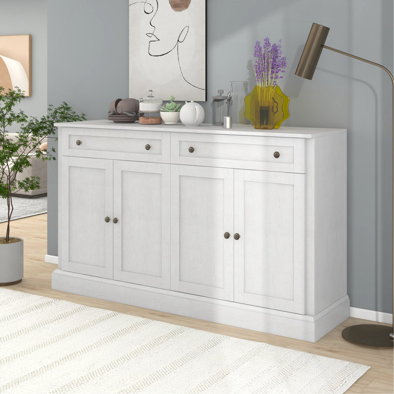 Kitchen Sideboard Storage Buffet Cabinet with 2 Drawers & 4 Doors Adjustable Shelves for Dining Room, Living Room (Antique White)