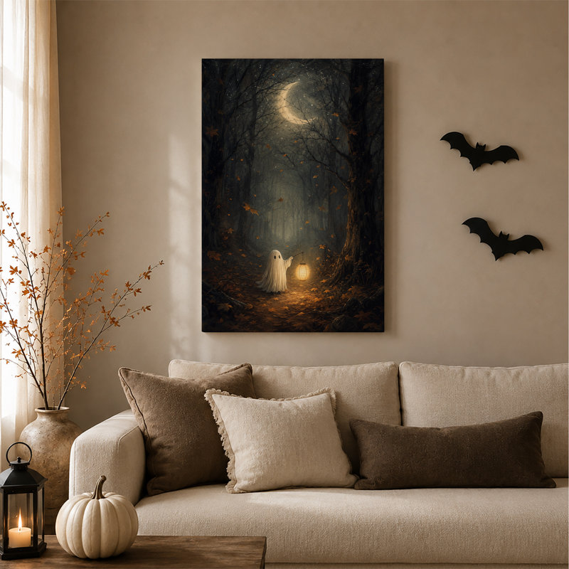 Toile blanche avec fantôme blanc tenant une lanterne dans une forêt brumeuse sous Halloween, H 18 po x l 12 po