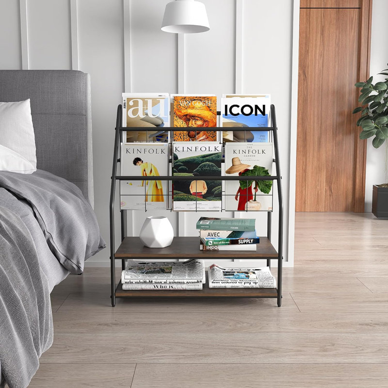 Porte-revues en métal à 2 niveaux avec tablettes en bois, tablette de rangement pour le salon ou la chambre à coucher, Gris