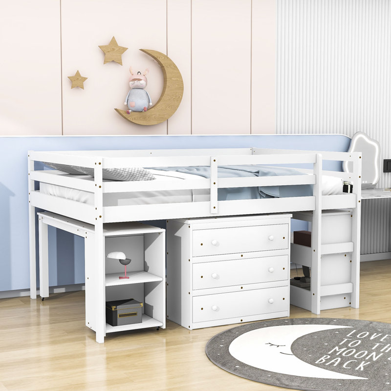 Englas Kids Full Loft Bed with Drawers, White
