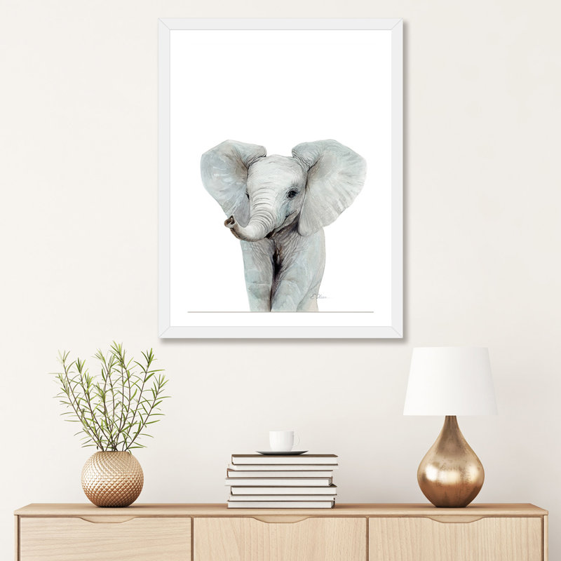 «Baby Elephant» par Watercolor Luv - reproduction d'art, H 32 po x l 24 po x P 1 po, Papier encadré blanc