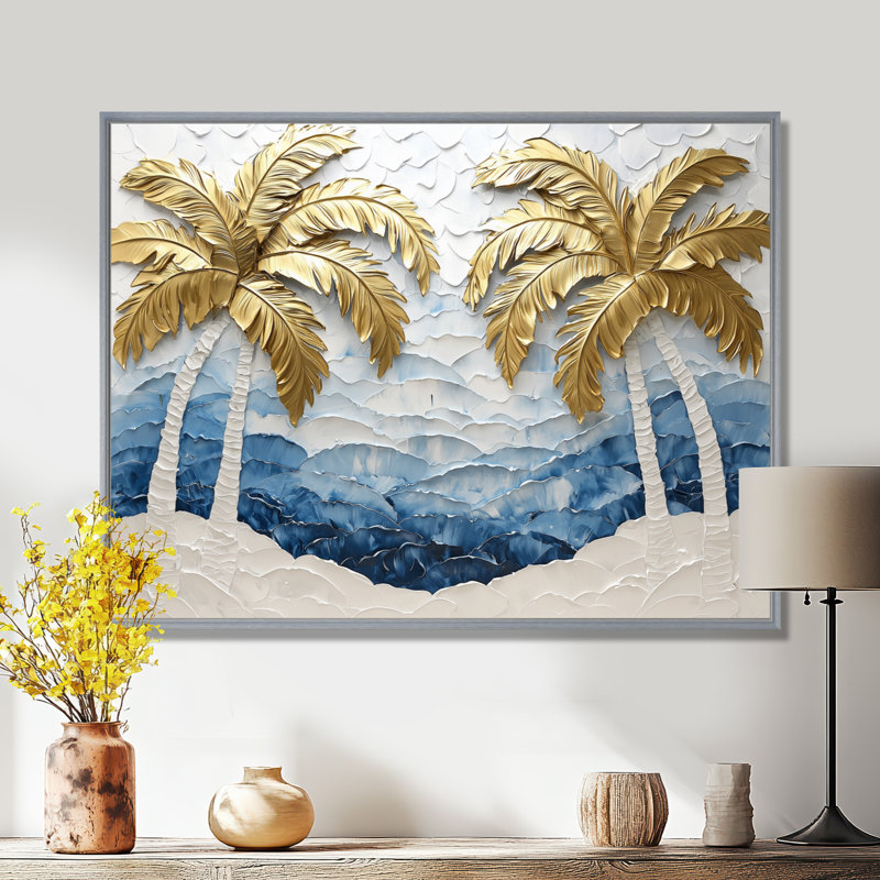 «Cleao Golden Aqua Plams On The Beach I» - art mural palmiers et palmiers, H 34 po x l 44 po, Impression encadrée flottante