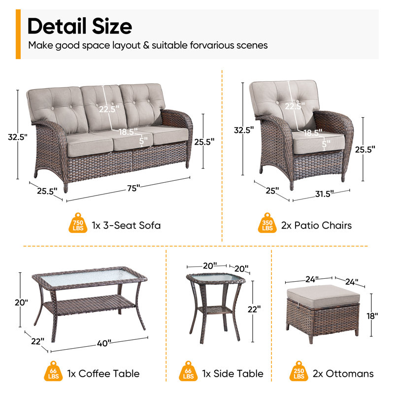 Fiorillo 7-Piece Outdoor Wicker Patio Conversation Set With Cushions/2 Lounge Chairs And Coffee Table, Beige