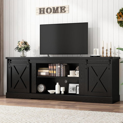 Meuble télé 70,1 po avec portes de grange coulissantes, console multimédia pour téléviseur de 80 po et plus, armoires de rangement pour le salon