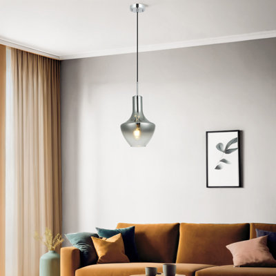 Lustre élégant en chrome, hauteur réglable 31,5 - 65,7 pouces | Corps en métal avec capuchon en verre, plaque de base 3,9 x 3,9 x 0,8 po | 1 x douille E27, 40 W maximum | Parfait pour la salle à manger et l'espace de vie, design moderne