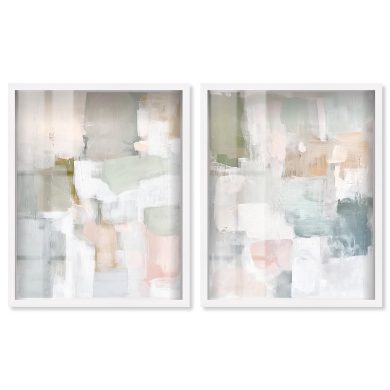 «Serene Abstract Duo Shadowbox», ensemble d'art mural abstrait par Art Remedy, H 25 po x l 21 po, Cadre blanc