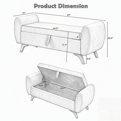 Banc de rangement en velours côtelé moderne avec pieds en bois pour chambre et couloir