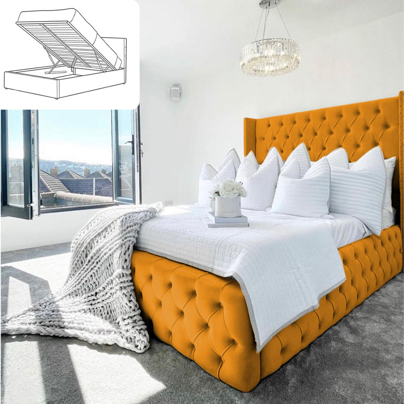 Ericka Chesterfield Ottoman Storage Bed - Deep Button-Tufted Velvet Upholstered Bed Frame, Single (3'), Mustard