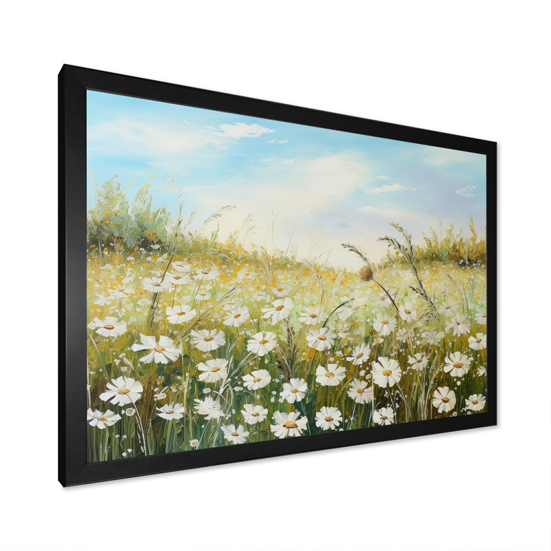 Champ de fleurs marguerites au soleil, Cadre simple noir, H 16 po x l 32 po x P 1 po