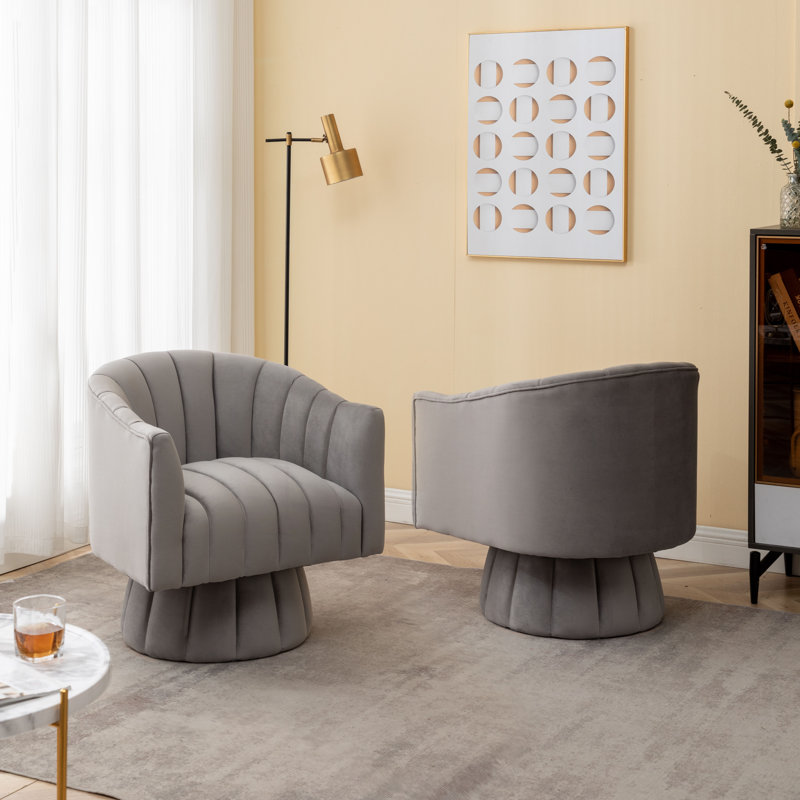 Fauteuil demi-tonneau pivotant en velours capitonné de 28 pouces de largeur Murrow, Velours gris