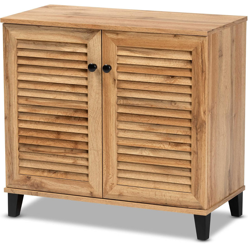 Shoe Cabinet With Slatted Wood Doors And Round Knobs, Engineered Wood Construction, 4 Shelves For 12 Pairs Of Shoes, Tapered Legs