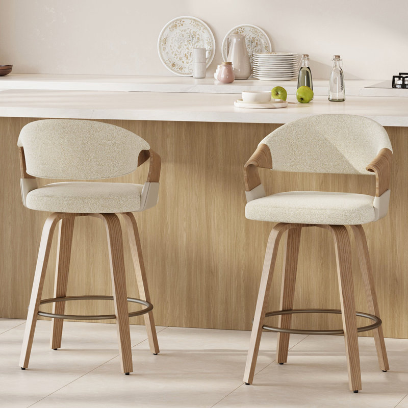 Mid-Century Modern Swivel Counter Stool With Bentwood Frame, Beige