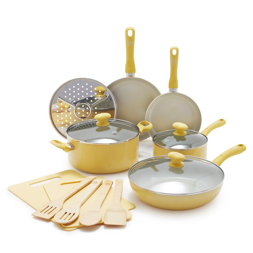 GreenLife Soft Grip Healthy Ceramic Nonstick Yellow Cookware Pots and Pans Set 16-Piece