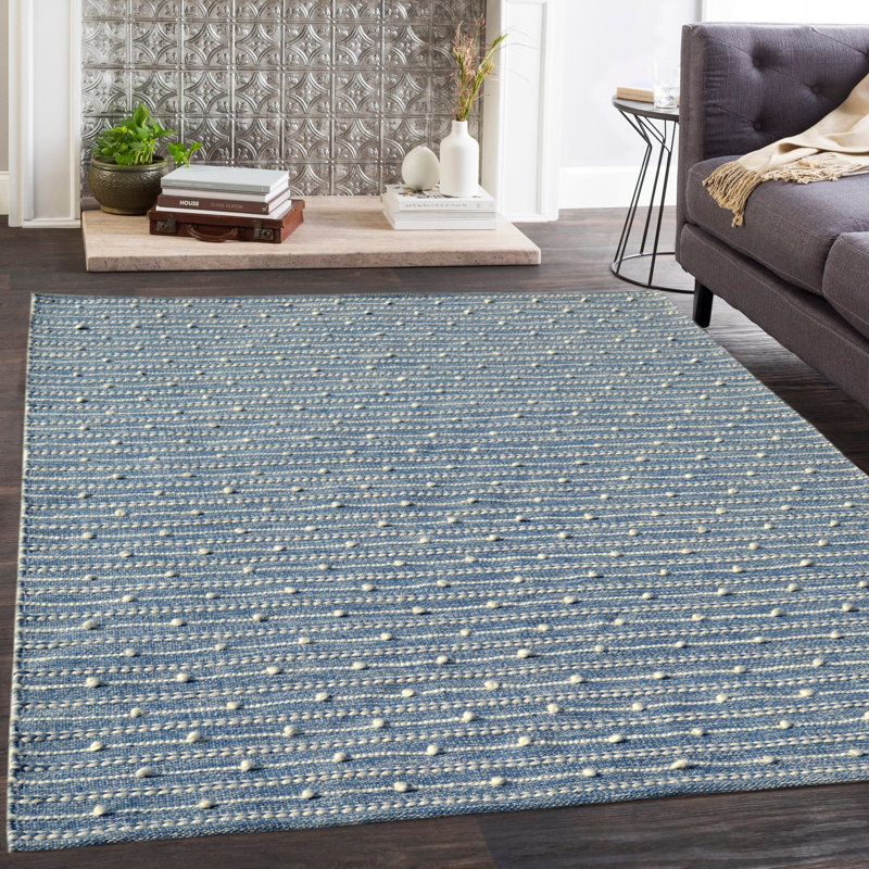Tapis bleu en laine et en coton crocheté à la main Hoyle, Rectangle 8 pi x 10 pi