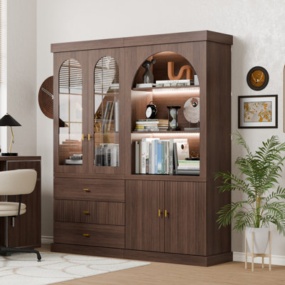 Grande armoire de rangement arquée de 70 po de hauteur avec vitrine et éclairage DEL, ensemble d'armoires de luxe en bois avec tiroirs et portes, rangement de luxe moderne pour le salon et la chambre à coucher