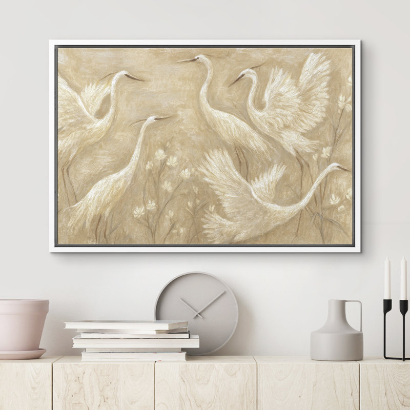 «White Cranes in Graceful Motion Neutral Botanical Scene», reproduction d'art sur toile encadrée dans la chambre principale