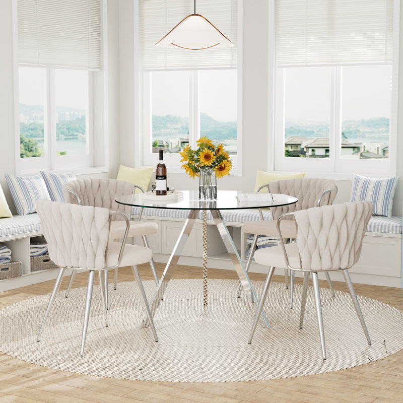 Round Glass Dining Table Set for 2-4, 29.5" H x 39.2" W x 39.2" D, Beige, 5 Pieces: Table, 4 Chairs