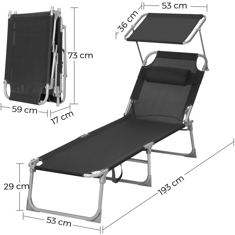 Adalen 193cm Long Reclining Single Sun Lounger, Black