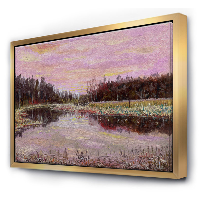 Nature morte, ciel, rivière, roseaux et forêt - reproduction d'art sur toile, H 24 po x l 32 po x P 1 po, Toile encadrée d'or