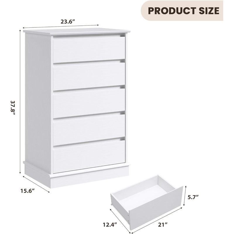 Commode à 5 tiroirs en bois pour chambre à coucher, commode haute avec tiroirs de rangement profonds, plateau large pour placard, salon, blanc