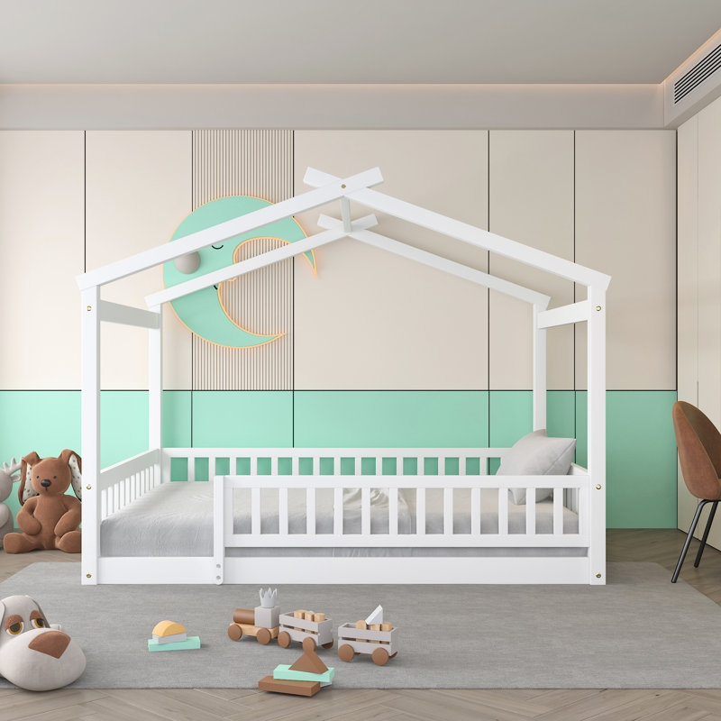 Cadre de lit double en bois pleine grandeur avec clôture - blanc pour une chambre à coucher décontractée, Lit double, Blanc