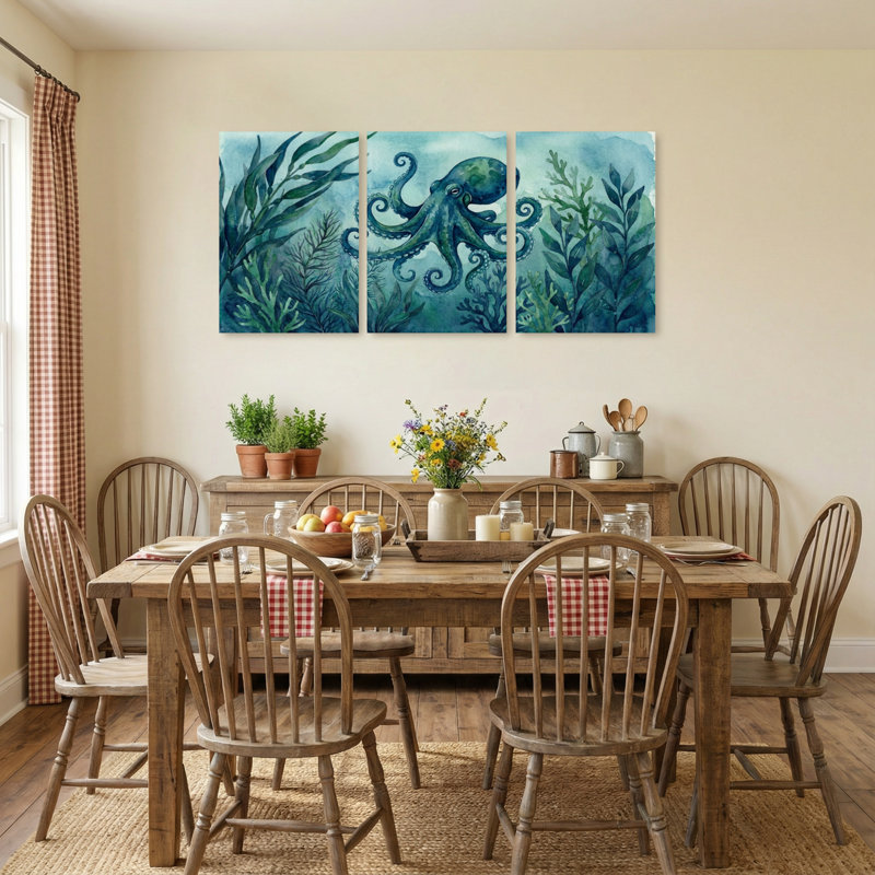 Animaux, poulpe dans l'océan avec algues, ensemble de 3 impressions sur toile, H 24 po x l 48 po