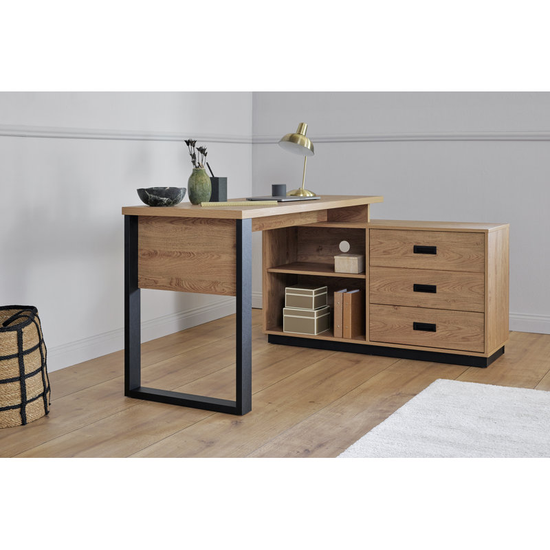 Narvaez 59,05" L-Shaped Desk with Storage Cabinet, Montana Oak/Black