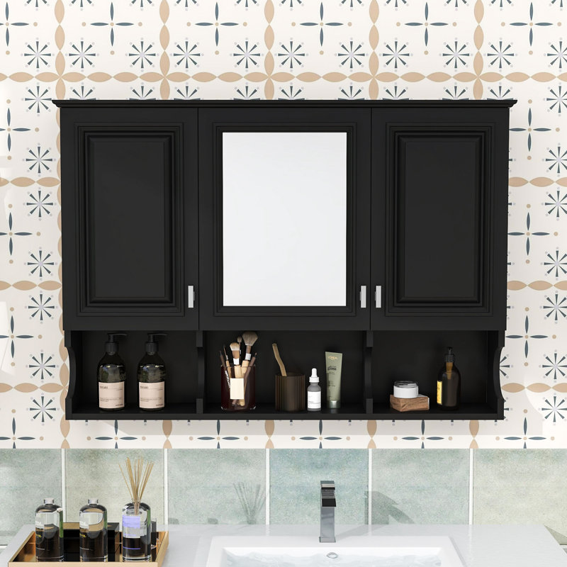 Armoire de toilette murale avec rangement ouvert et tablettes réglables, Noir