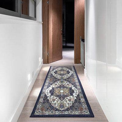 Ottomanson High Point Vintage Oriental Design With Borders Rubberback Rug, 20" X 59", Navy
