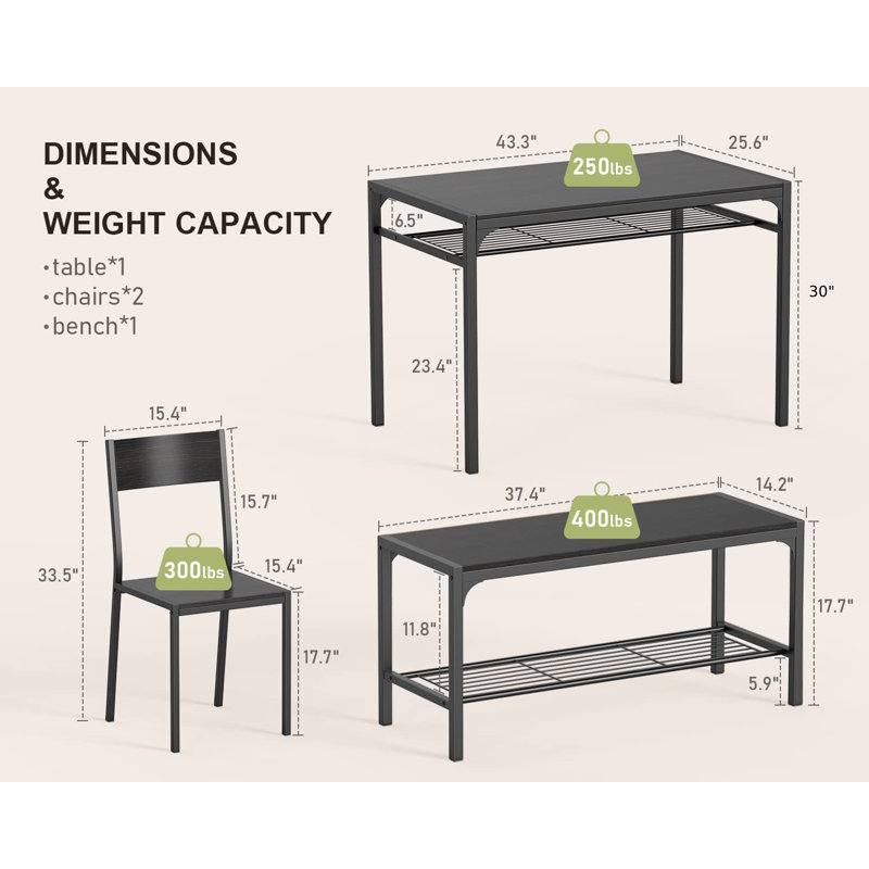 Tamajah 4-Person Dining Table Set with 2 Chairs and Storage Bench for Small Spaces, Black