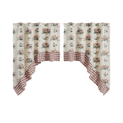 Margaret Floral & Gingham Ruffled Cotton Swag Curtain Set - 36x36x16 Dusty Rose & Natural Window Drapes