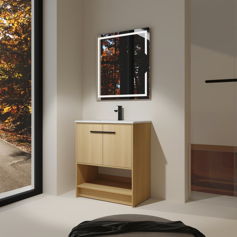 Meuble-lavabo autoportant de 30 po avec lavabo en céramique. Contreplaqué, 2 portes. Caractéristique chic. Installation facile. Meuble-lavabo en chêne. Assemblage.