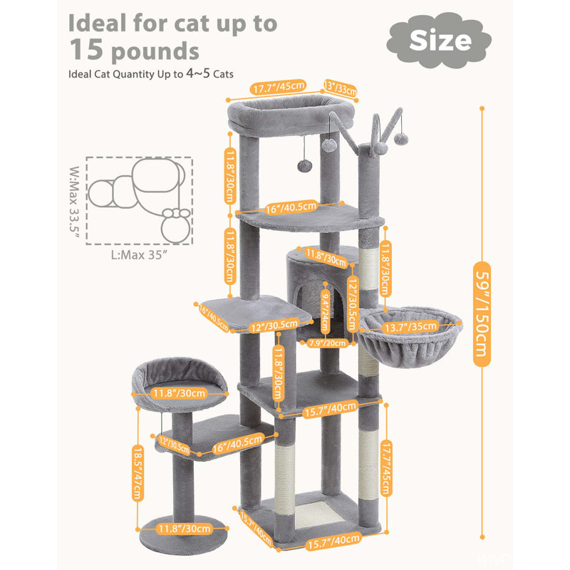 Gray Multi-Level Cat Tree with Hammock and Scratching Post
