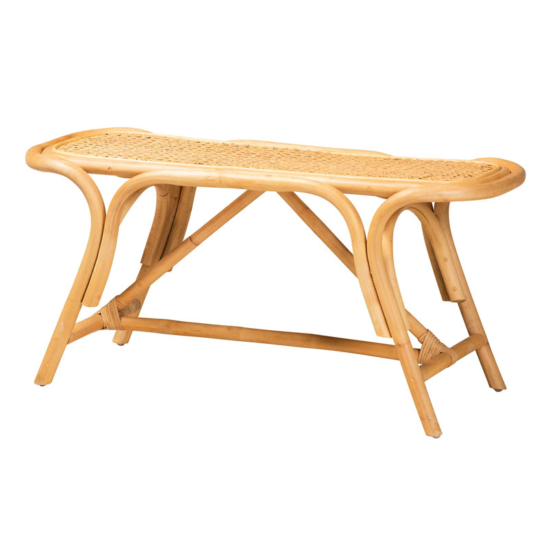Banc d'appoint moderne de style bohémien moderne avec assise ovale, ornements tissés, pièces de support triangulaires et pieds en angle, agencement de couleurs brunes, profondeur de produit de 14,63 po, largeur de 39,16 po, 18,03 po