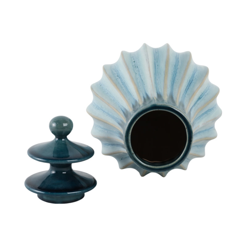 Grand pot en céramique avec couvercle Modern Modern cannelé pour décoration intérieure, Hauteur totale - 19 po, Vert
