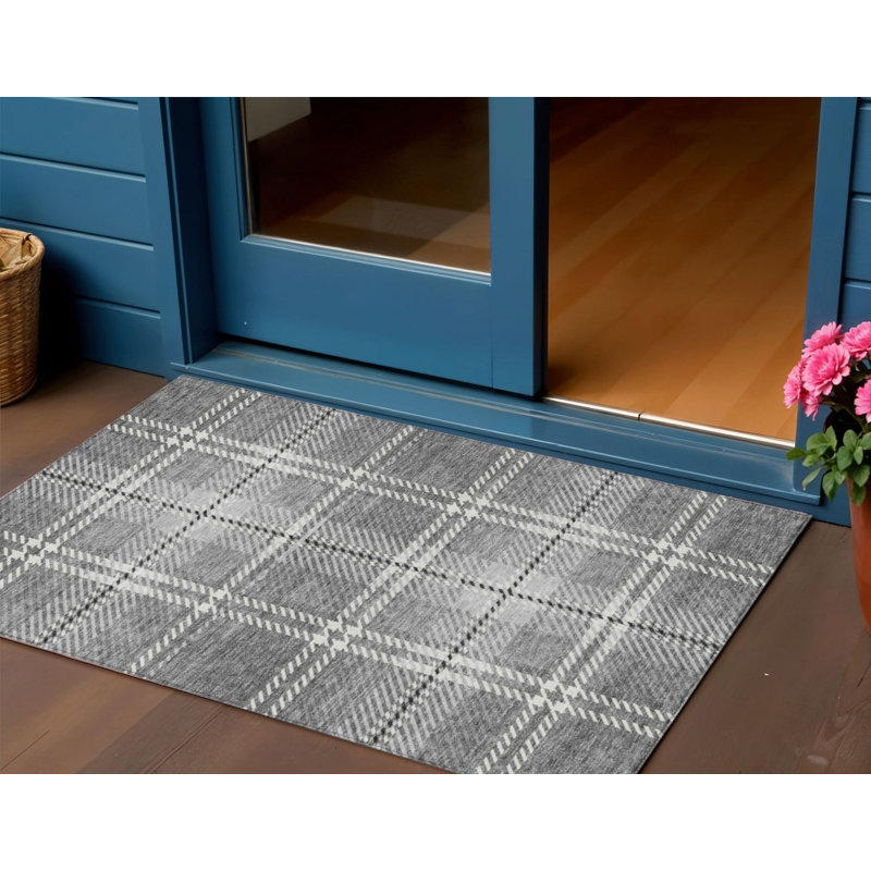 3' X 5' Gray Black And Ivory Plaid Washable Indoor Outdoor Area Rug