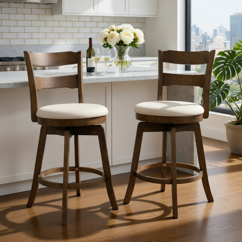  Ensemble de 2 tabourets de bar pivotants à hauteur de comptoir de 25 pouces avec dossier, siège rembourré en polyester et structure en bois d'hévéa massif, beige et brun