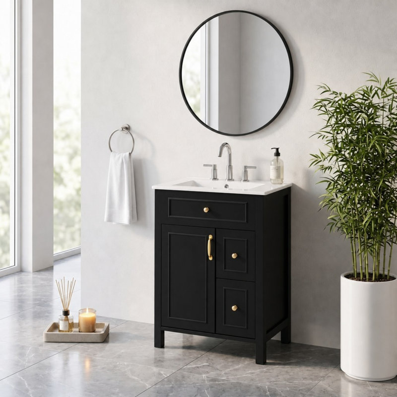 Ensemble de meuble-lavabo autoportant simple avec 2 tiroirs et deux supports de rangement sur la porte, Black