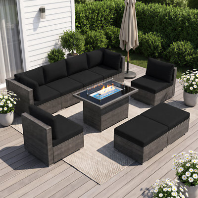 7-Piece Outdoor Wicker Sectional Sofa Set with Fire Pit Table and Deep Seating Cushions