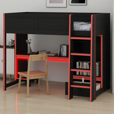 Lit mezzanine en bois avec bureau intégré, garde-robe, DEL et tiroir