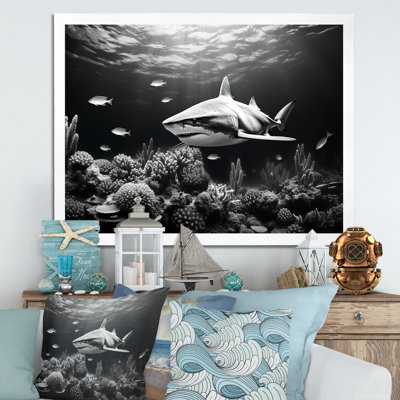 Requin noir et blanc glissant sur toile